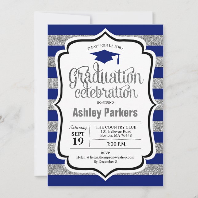 Invitation Graduation Party - Silver Navy Blue Stripes (Devant)