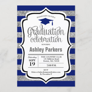 Invitation Graduation Party - Silver Navy Blue Stripes