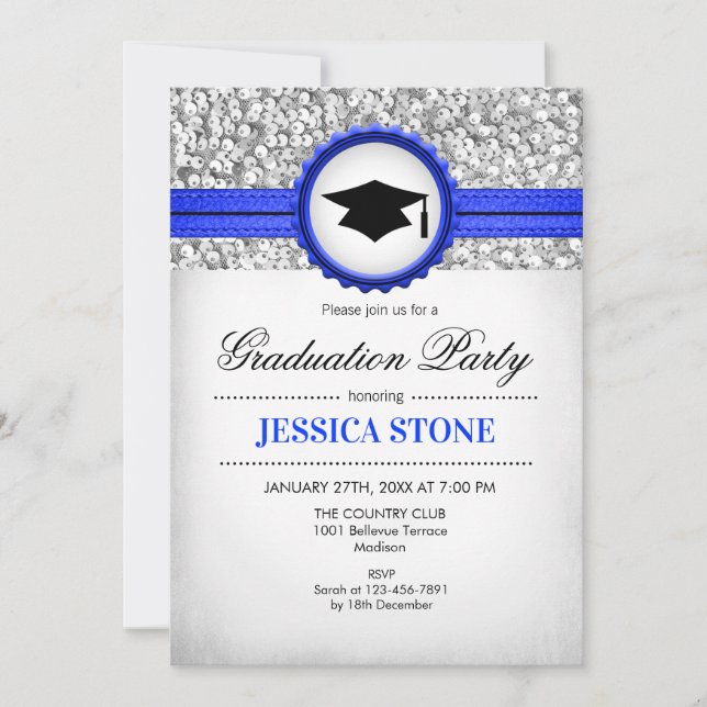 Invitation Graduation Party - Silver White Royal Blue (Devant)