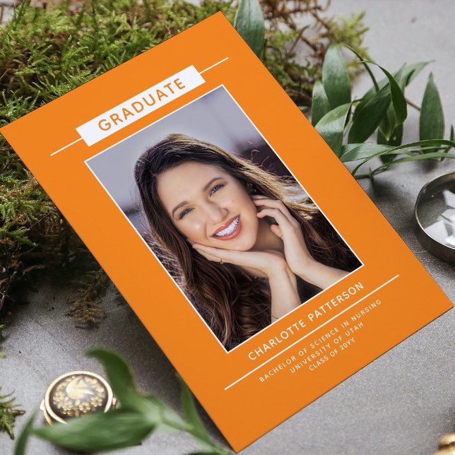 Invitation Graduation Party Simple Modern Script Photo Orange (Créateur téléchargé)