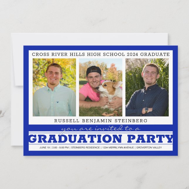 Invitation Graduation Party Trois Photos Royal Blue & Silver (Devant)