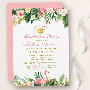 Invitation Graduation Party Tropical Floral Pink Gold