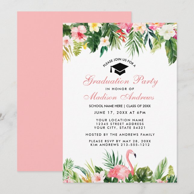 Invitation Graduation Party Tropical Floral Rose (Devant / Derrière)