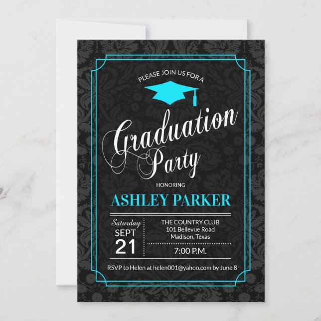 Invitation Graduation Party - Turquoise Black White Damask (Devant)