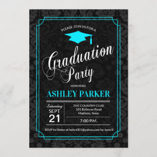 Invitation Graduation Party - Turquoise Black White Damask