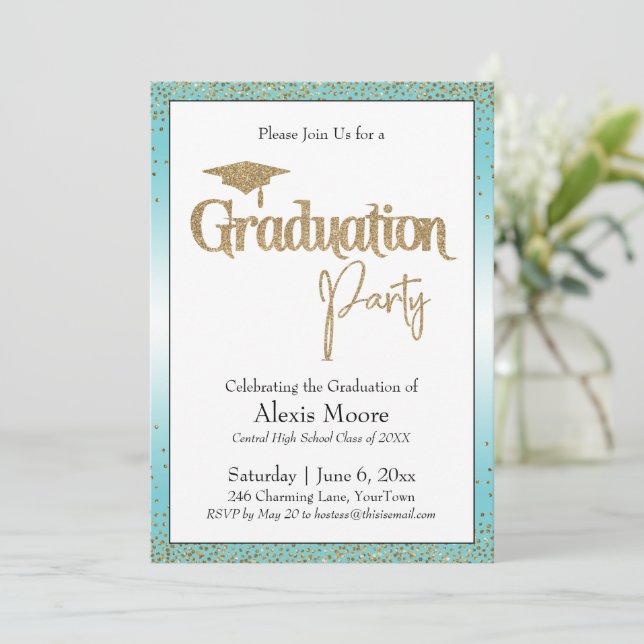 Invitation Graduation Party Turquoise Ombre Gold Confetti (Debout devant)