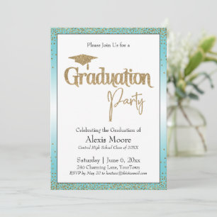 Invitation Graduation Party Turquoise Ombre Gold Confetti