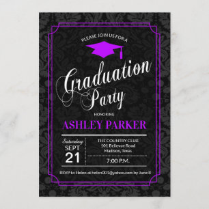 Invitation Graduation Party - Violet Noir Blanc Damas