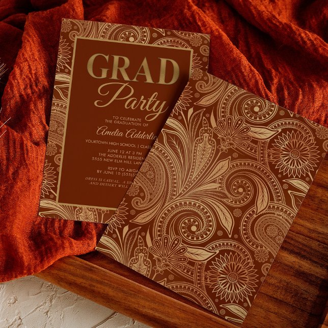 Invitation Graduation personnalisée Burgundy Gold Paisley (Créateur téléchargé)
