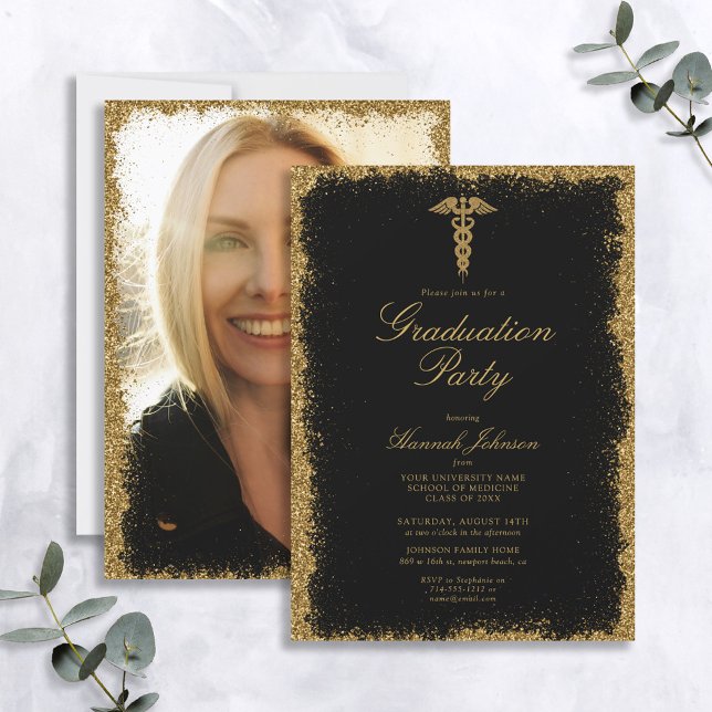 Invitation Graduation photo de l'école Médicale Noire et Or (Créateur téléchargé)