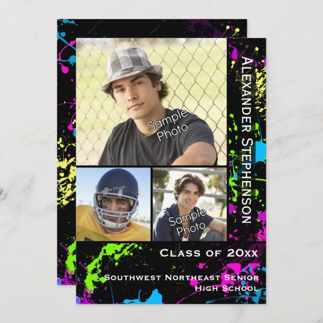 Invitation Graduation photo de Neon Paint Splatter (Devant / Derrière)
