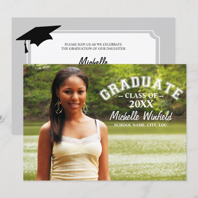 Invitation Graduation photo de superposition de texte moderne (Devant / Derrière)