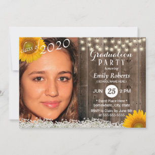 Invitation Graduation photo Fleur de tournesol en bois rustiq