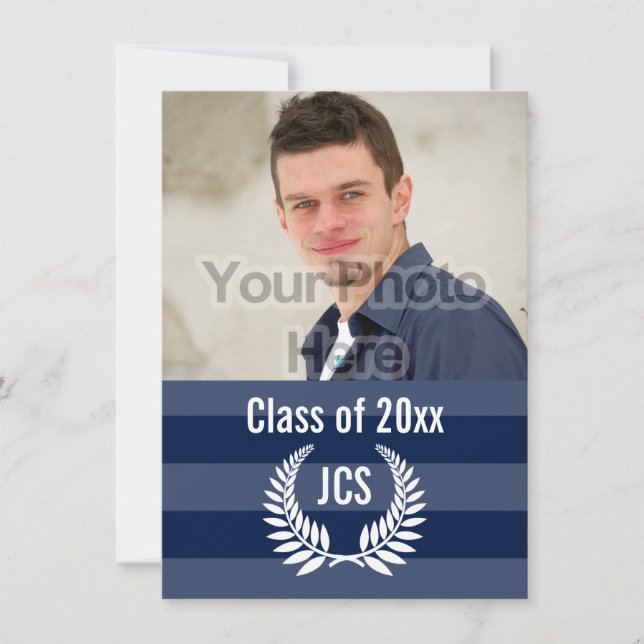 Invitation Graduation photo Monogramme Laurel Bleu Bleu Bande (Devant)