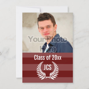 Invitation Graduation photo Monogramme Laurel Red Maroon Stri