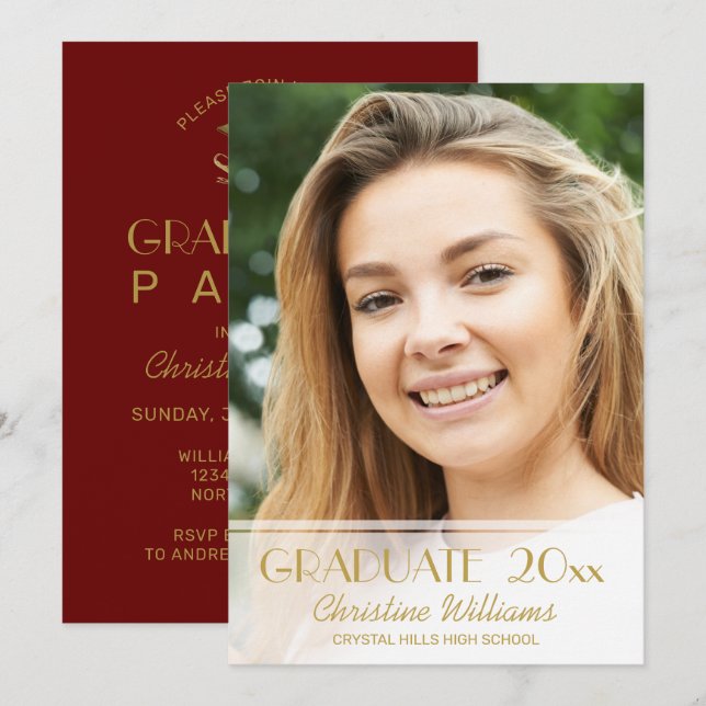 Invitation Graduation Photo Red Gold Script 2023 Grad Party (Devant / Derrière)