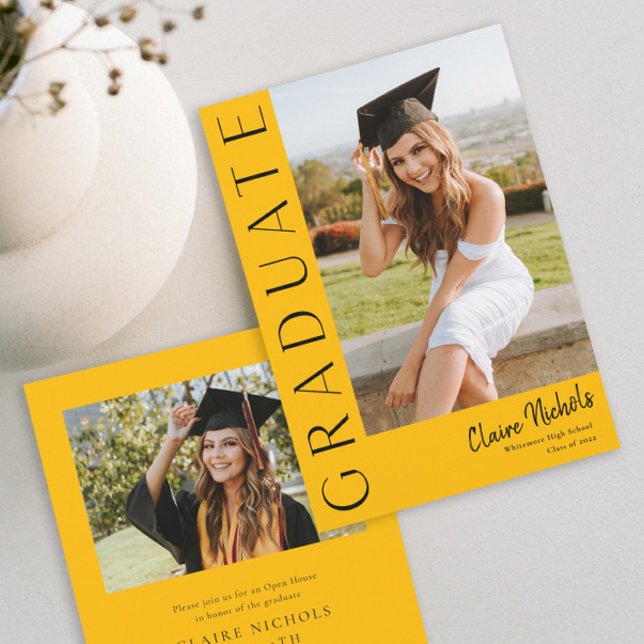 Invitation Graduation photo verticale moderne (Modern Gold and Black Photo Graduation Invitation.)