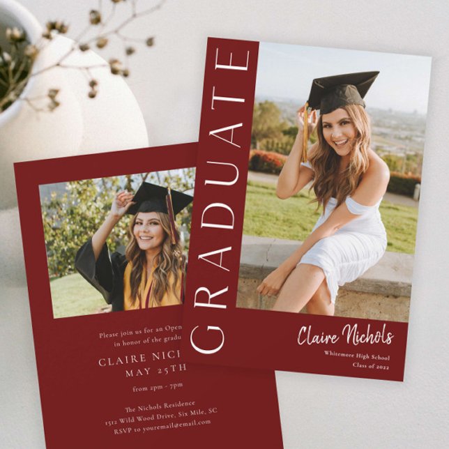 Invitation Graduation photo verticale moderne (Modern Maroon Photo Graduation Invitation.)