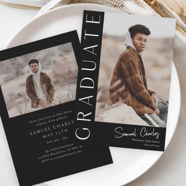 Invitation Graduation photo verticale moderne (Modern typographic 2 photo graduation announcement invitation.)