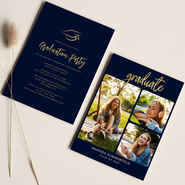 Invitation Graduation Photos Marine Blue Moderne Grad Party (Graduation 2024 Graduate Photo Collage Party Invitation)
