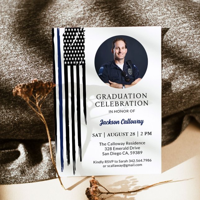 Invitation Graduation policière, Aquarelle Bleu Léger Drapeau (Créateur téléchargé)