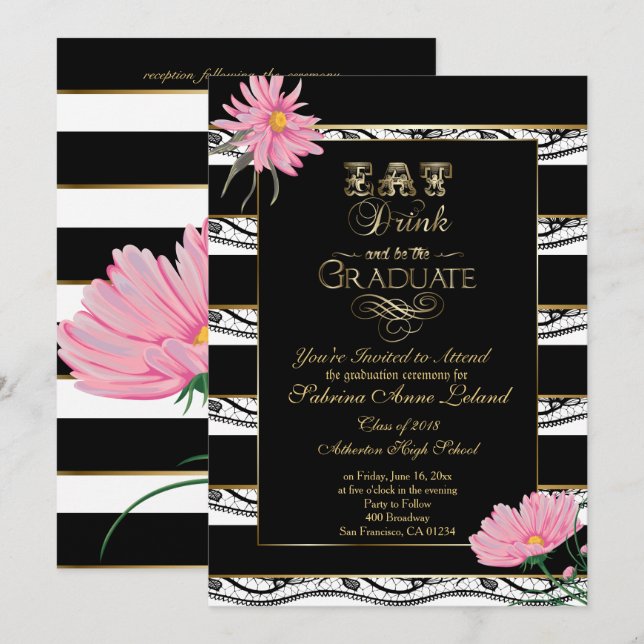 Invitation Graduation Rose Daisies noir dentelle Blanche rayu (Devant / Derrière)