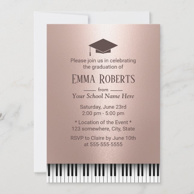 Invitation Graduation Rose Gold Piano Keys Musique majeure (Devant)