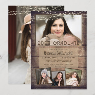 Invitation Graduation Rustique 4 Lumières à cordes de bois ph