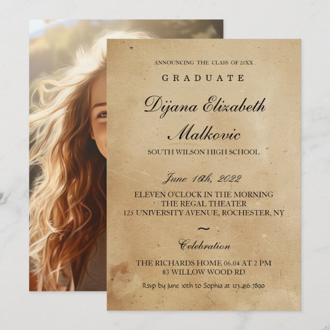 Invitation Graduation rustique classique (Devant / Derrière)
