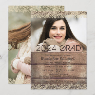 Invitation Graduation Rustique Pays Bois et dentelle Deux pho
