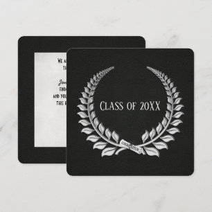 Invitation Graduation Silver Laurel sur cuir noir