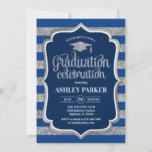 Invitation Graduation - Silver Navy Blue Stripes