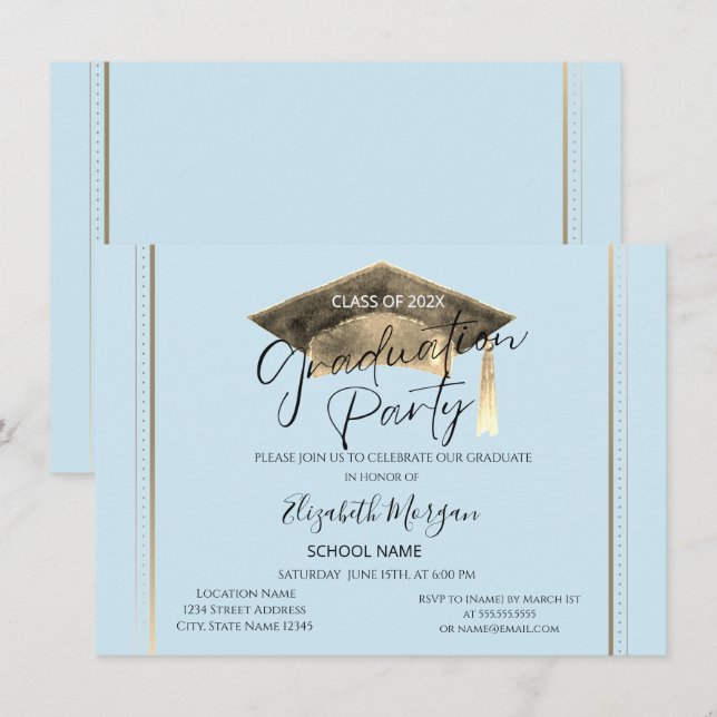 Invitation Graduation simple cadre Cap Bleu clair Graduation (Devant / Derrière)