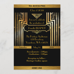 Invitation Graduation, Style Gatsby, billet, or noir