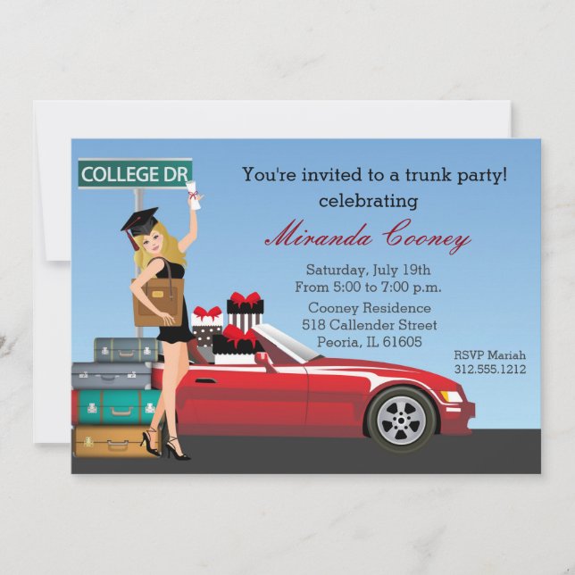 Invitation Graduation Trunk Party College Aller loin Blonde (Devant)