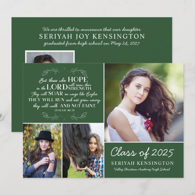 Invitation Graduation verte Bible Verse Photo Collage (Devant / Derrière)