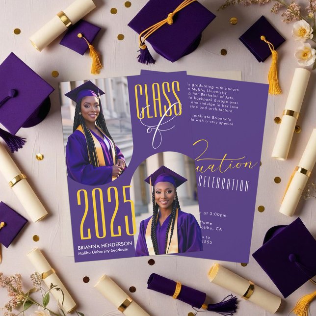 Invitation Graduation violette et jaune avec photos gravées (Purple and Yellow Gold Graduation Invitation)