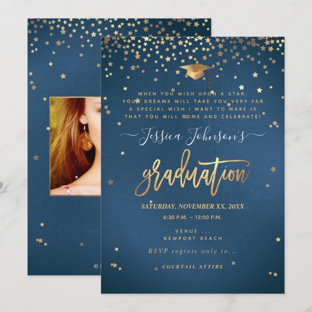 Invitation Graduation, Wish upon Stars Invitation, Bleu (Devant / Derrière)
