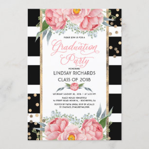 Invitation Graduations, Gold et Pink Flowers