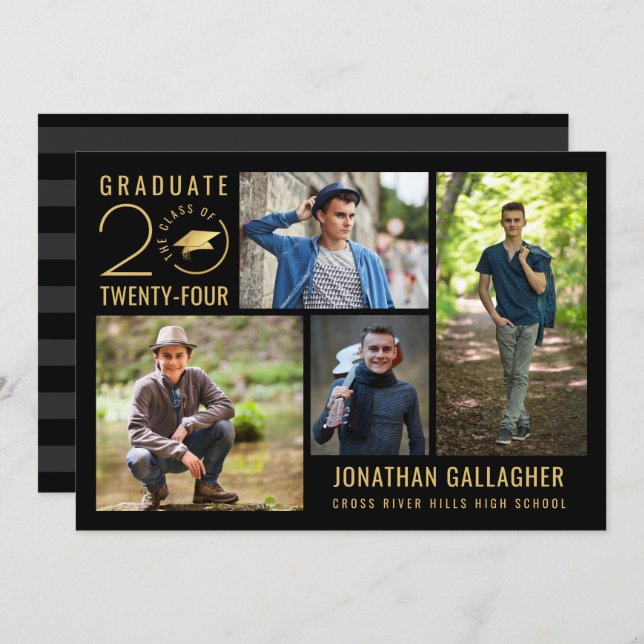Invitation Gradué Classe élégante Année 4 Photo Black Gold (Devant / Derrière)