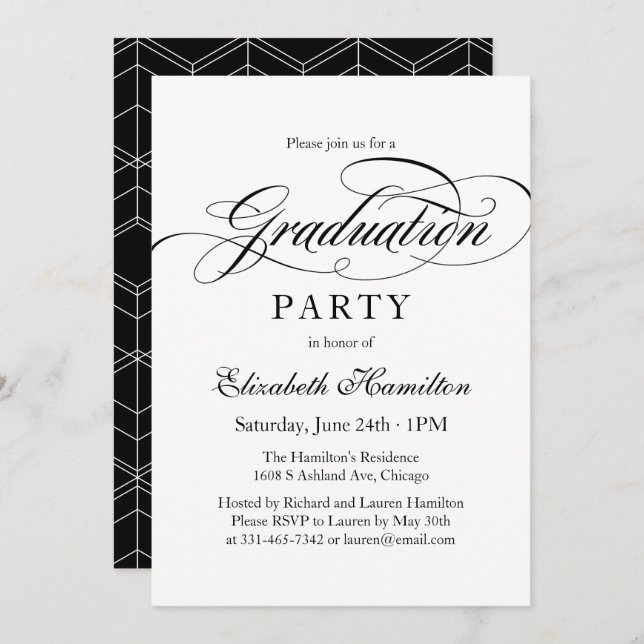 Invitation Gradué Élégant Calligraphie Parti de Graduation (Devant / Derrière)