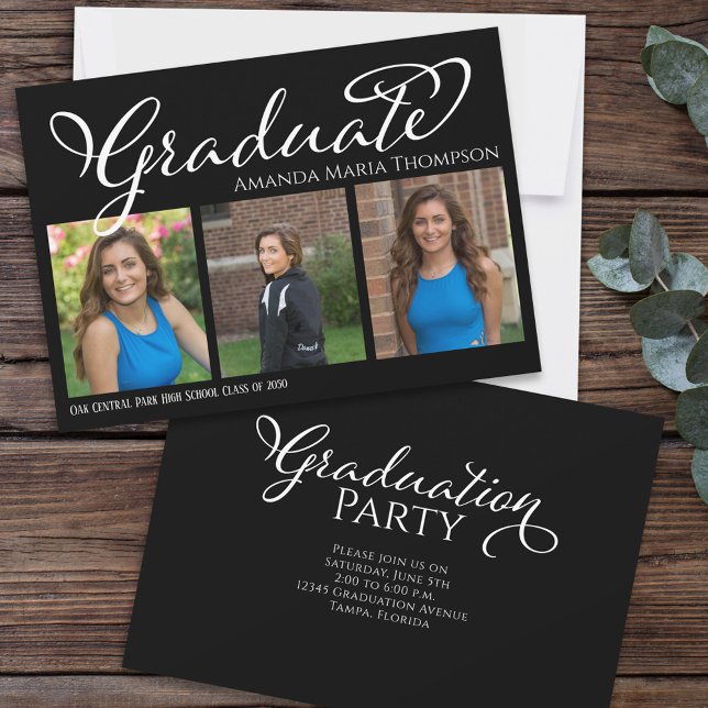 Invitation Gradué Multi Photo Black Élégante Calligraphie (Créateur téléchargé)