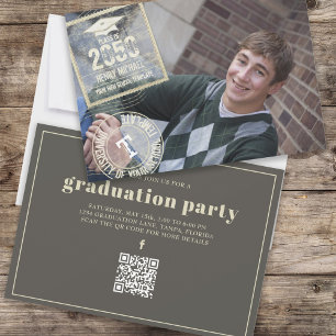 Invitation Gradué Photo Moderne Cool d'or Grad Timbre QR Code