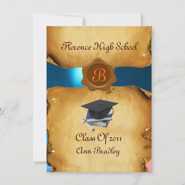Invitation GRADUM MODÈLE PHOTO PARCHEMENT bleu cire Sceau (Devant)