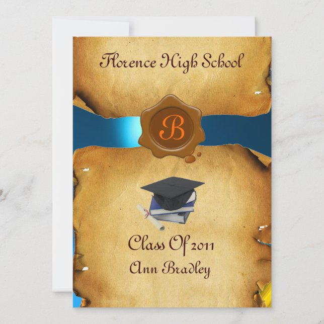Invitation GRADUM MODÈLE PHOTO PARCHEMENT bleu cire Sceau (Devant)