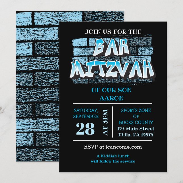 Invitation Graffiti Bar Mitzvah Brick Wall Splatter Invitatio (Devant / Derrière)