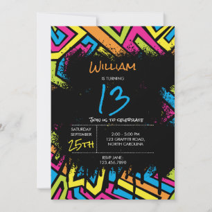 Invitation Graffiti de rue en néon coloré fête d'anniversaire