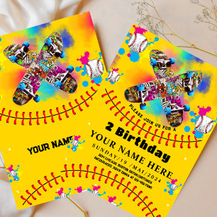 Invitation Graffiti de skateboard de baseball coloré jaune fê