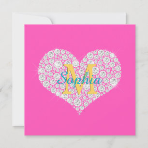 Invitation Grand Coeur Diamant, Monogramme Or, Nom Du Script