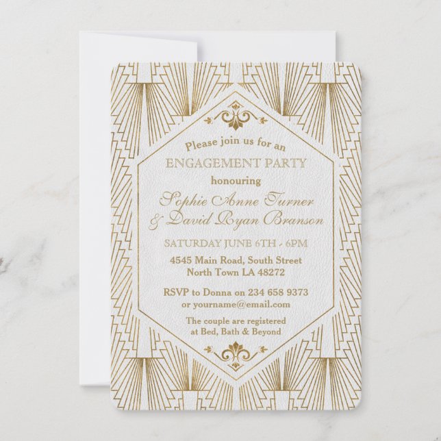 Invitation Grand Gatsby Art Déco Gold White Engagement Party (Devant)